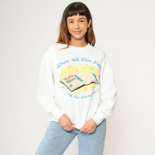90s Christian Bible Sweatshirt When All Else Fails White Crewneck Large L