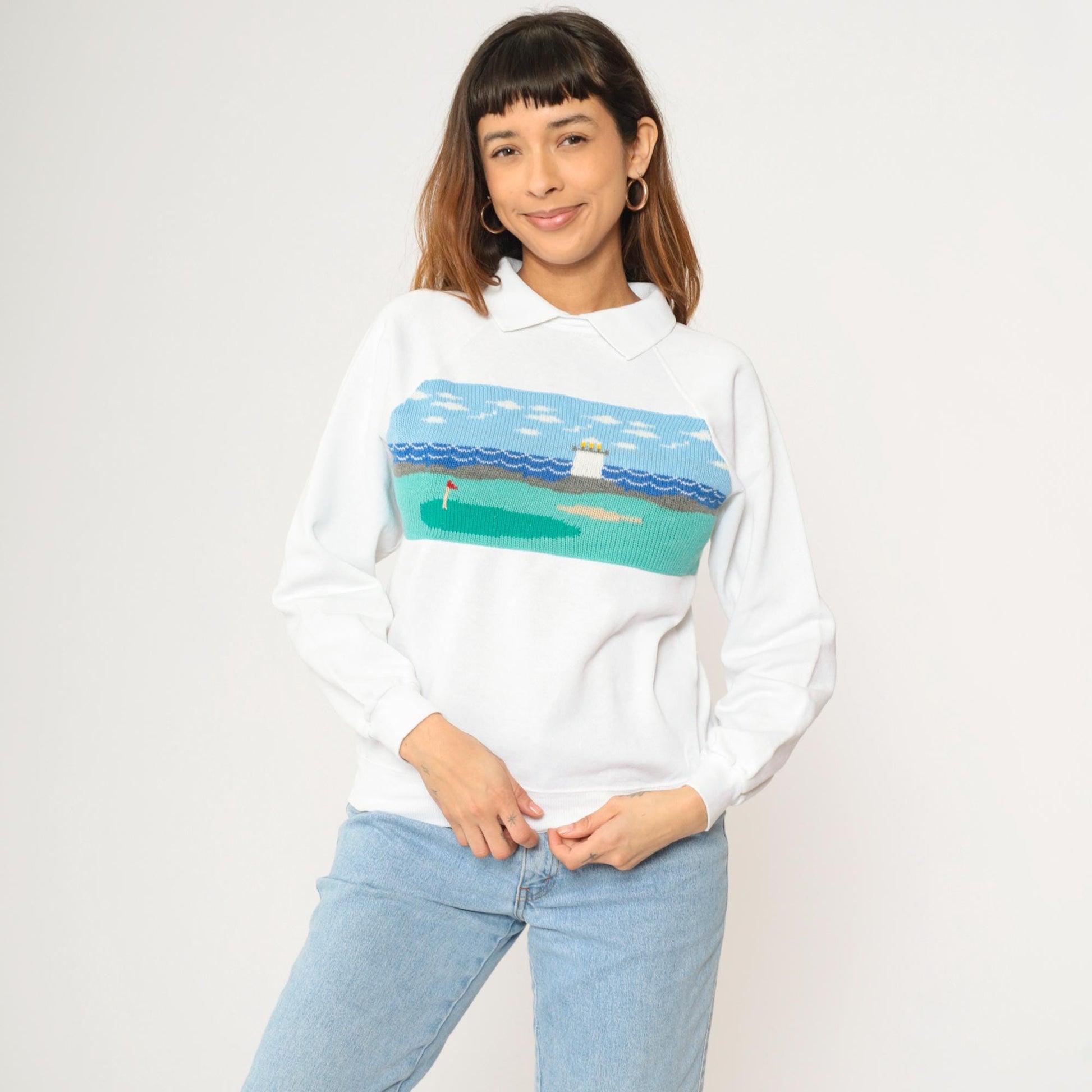 90s Hanes Golf Sweatshirt Lighthouse Scene Knit Panel White Small