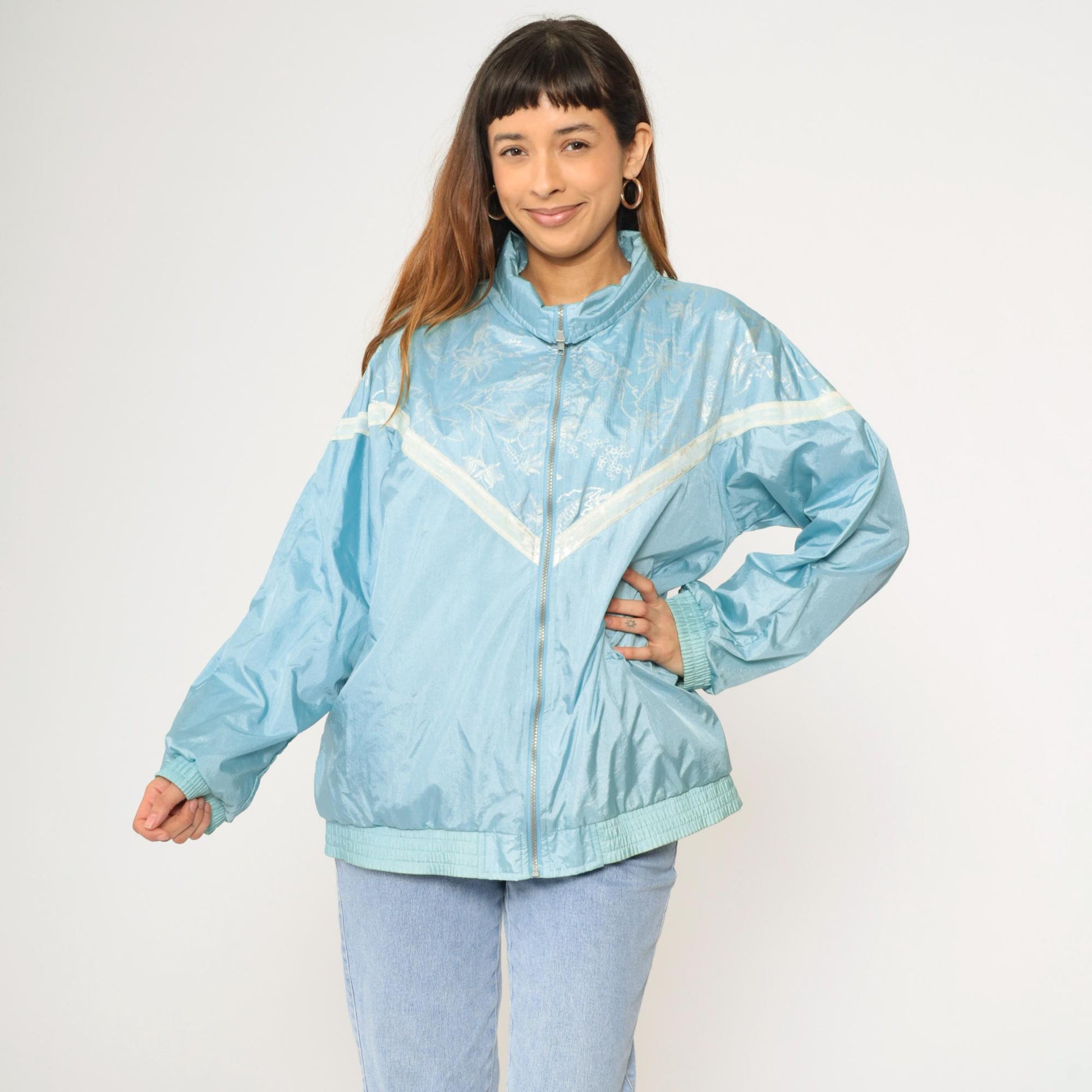 90s Forenza Windbreaker Jacket Light Blue Floral Chevron Stripe Nylon Large L