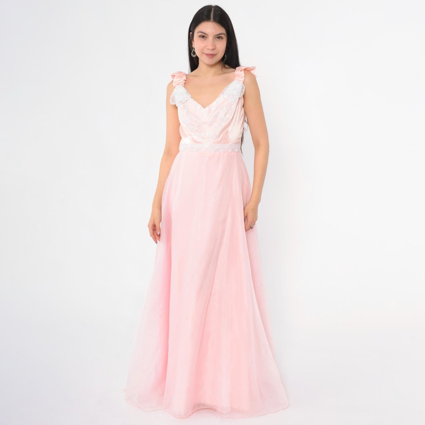 70s Priscilla of Boston Pink Chiffon Maxi Gown Ruched Bow Small