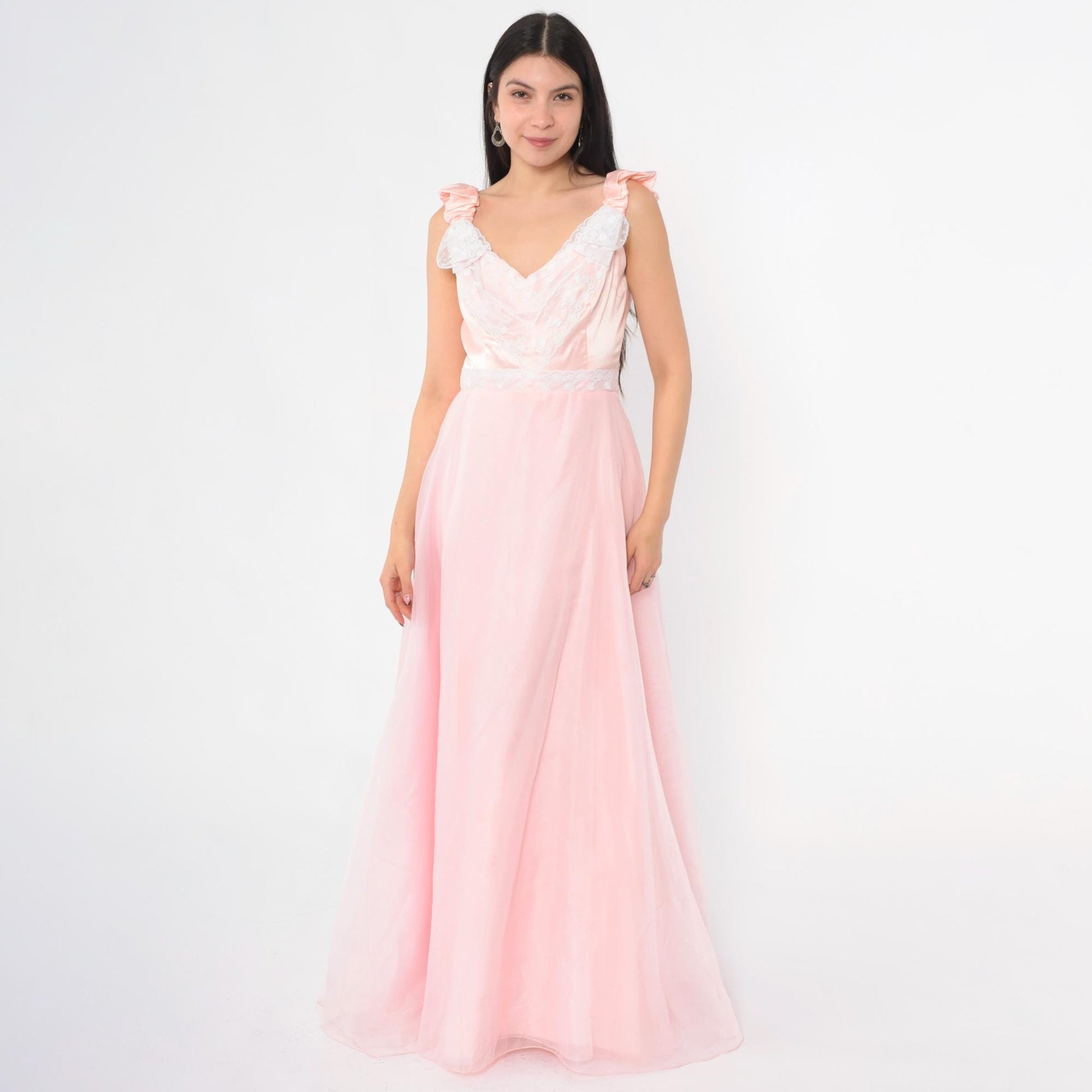 70s Priscilla of Boston Pink Chiffon Maxi Gown Ruched Bow Small