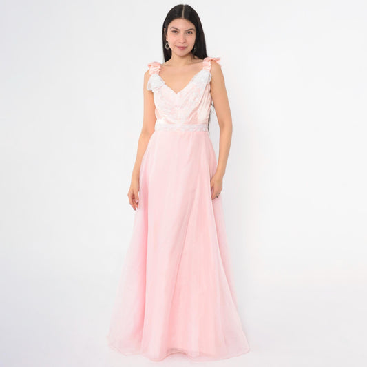 70s Priscilla of Boston Pink Chiffon Maxi Gown Ruched Bow Small