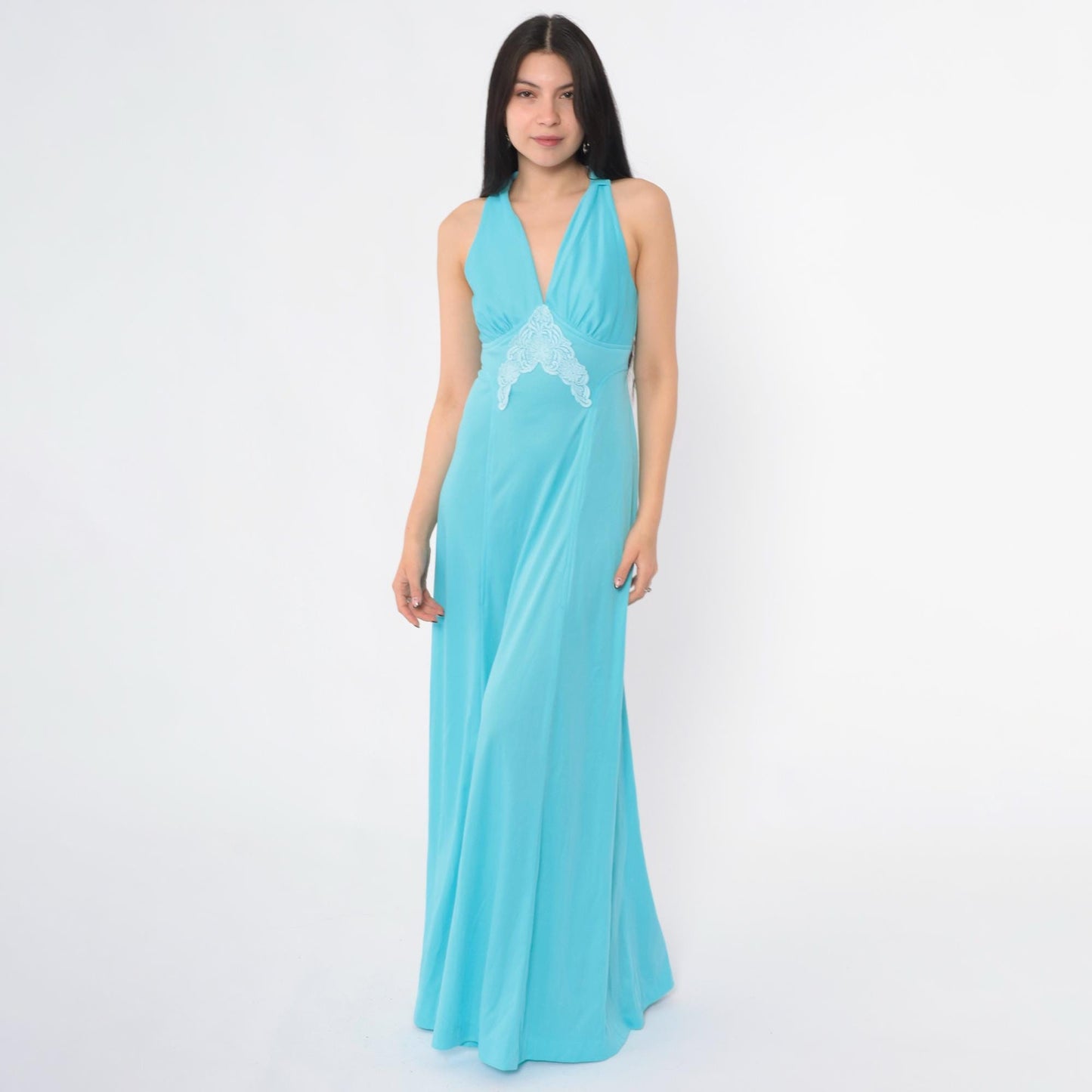 70s Blue Lace Empire Waist Maxi Dress V-Neck Sleeveless Racerback Small