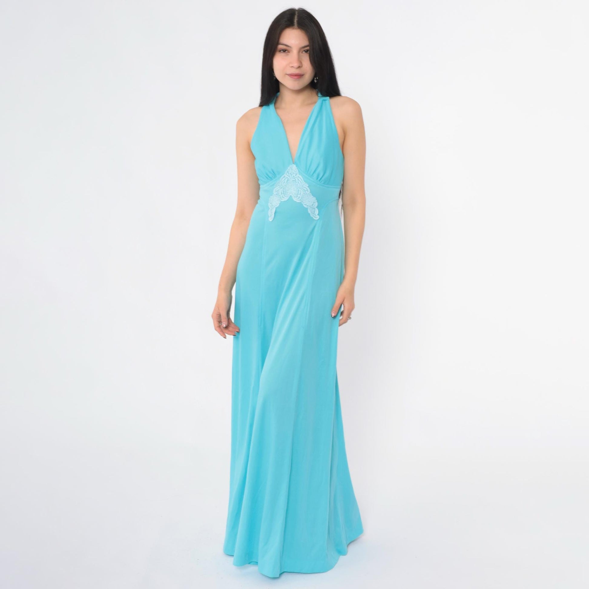 70s Blue Lace Empire Waist Maxi Dress V-Neck Sleeveless Racerback Small