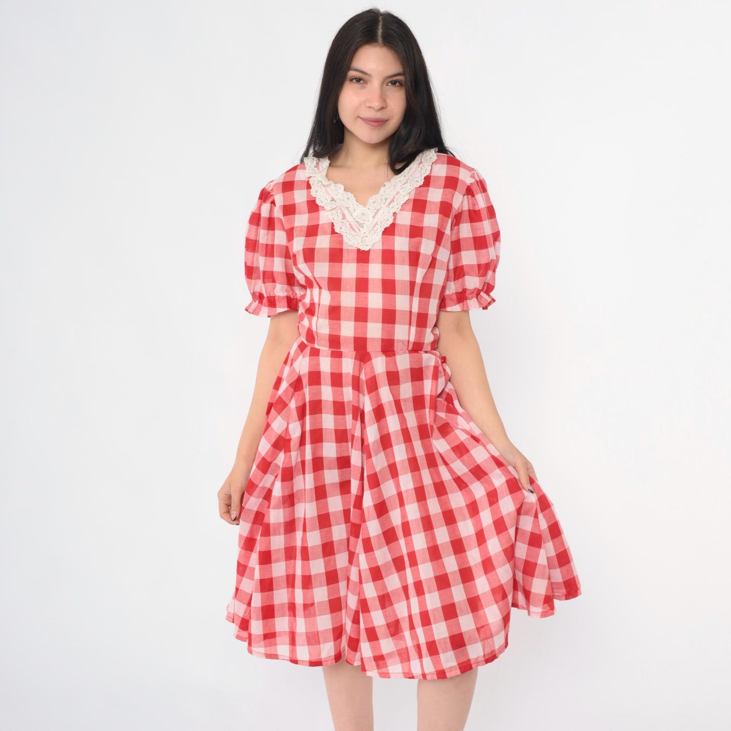 1970s Red Gingham Dress Puff Sleeve V-Neck Fit Flare Knee Length Small S