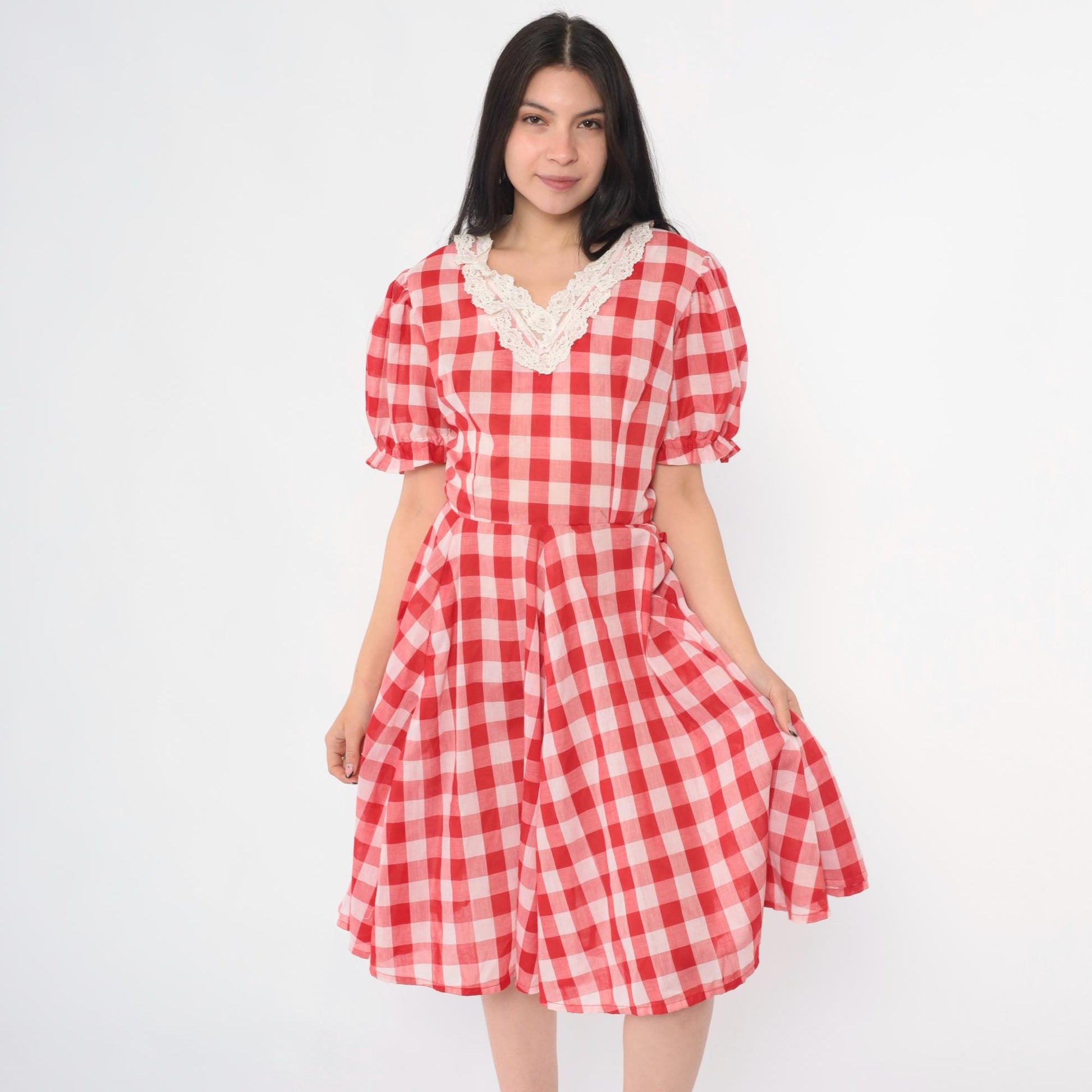 1970s Red Gingham Dress Puff Sleeve V-Neck Fit Flare Knee Length Small S