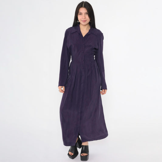 90s Coldwater Creek Purple Maxi Shirtdress Pintuck Collar Long Sleeve Medium M