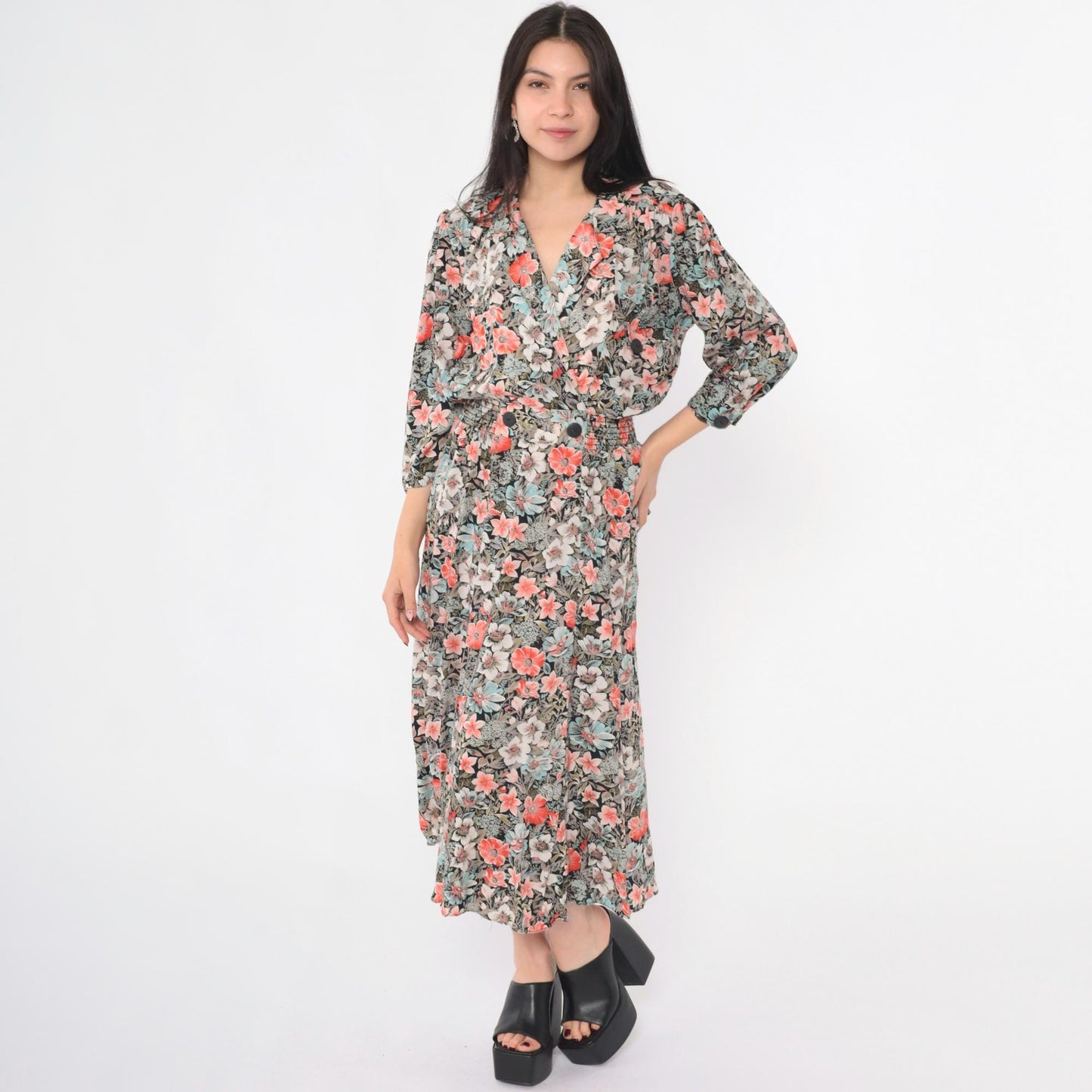 80s John Richard Floral Midi Dress Puff Sleeve V-Neck Elastic Waist Medium