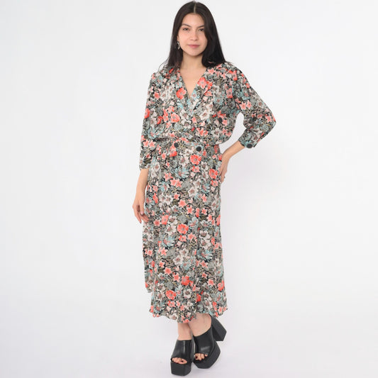 80s John Richard Floral Midi Dress Puff Sleeve V-Neck Elastic Waist Medium