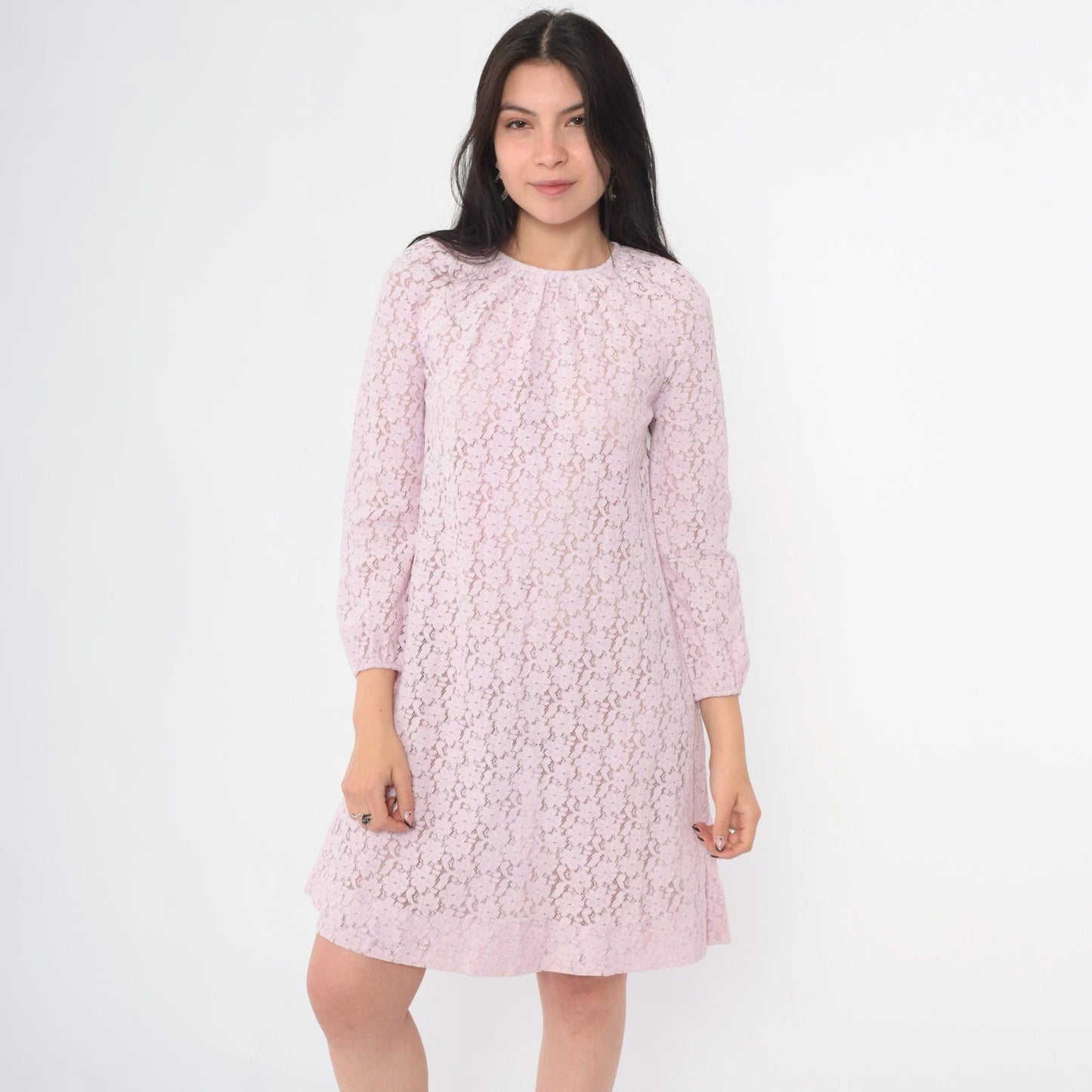 60s Lavender Lace Mini Dress Long Sleeve Shift Party Dress Small S