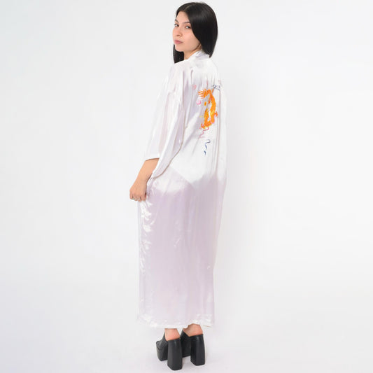 90s Chinese Dragon Embroidered Satin Robe White Wrap Maxi Medium M