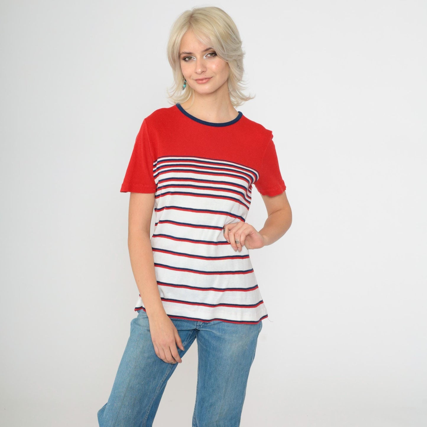 80s Aileen Striped Knit Top Red White Navy Ringer Neck Short Sleeve Medium M