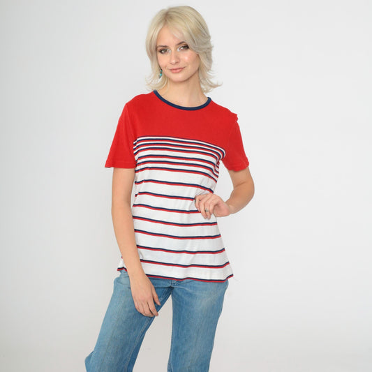 80s Aileen Striped Knit Top Red White Navy Ringer Neck Short Sleeve Medium M