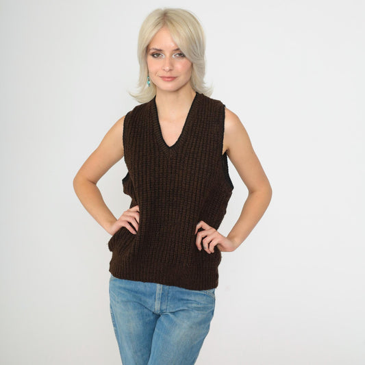 80s Broadway Wool Sweater Vest Brown Ribbed V-Neck Knit Small