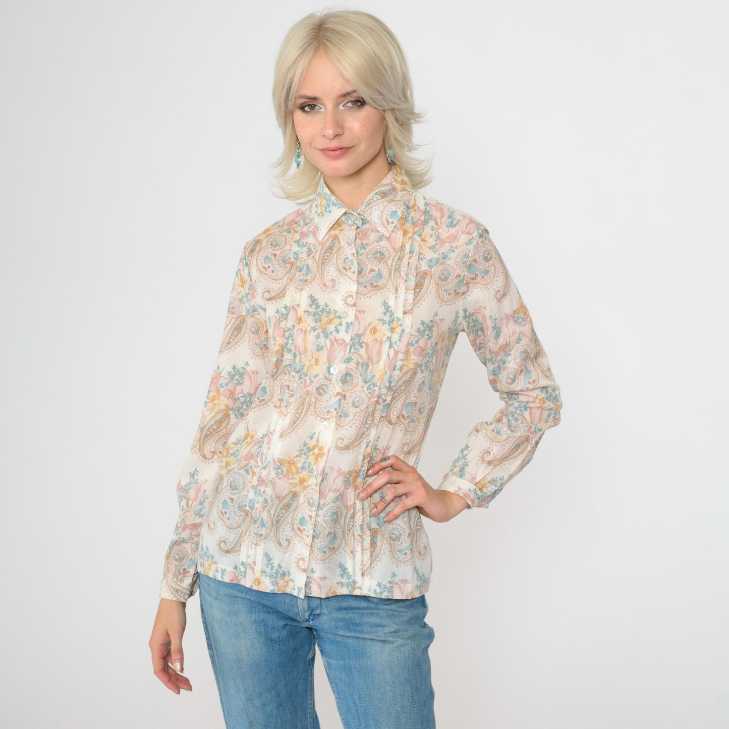 70s Floral Paisley Button-Up Blouse White Long Sleeve Pleated Shirt Small