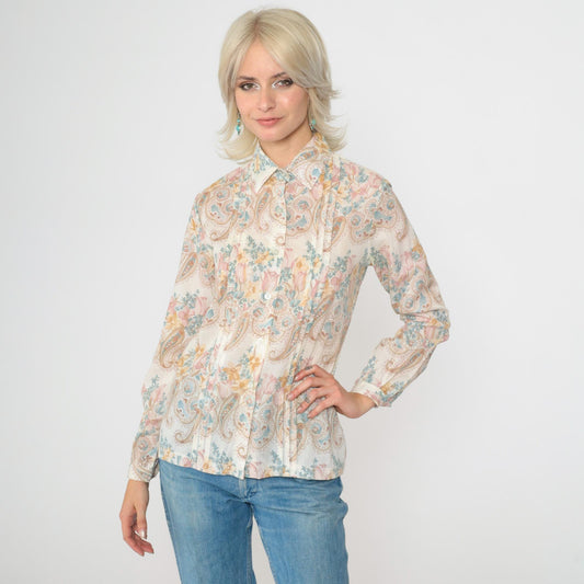 70s Floral Paisley Button-Up Blouse White Long Sleeve Pleated Shirt Small