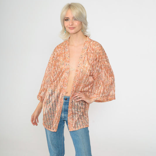 70s Paisley Kimono Jacket Peach Gold Sheer Wide Sleeve Open Front Medium Large