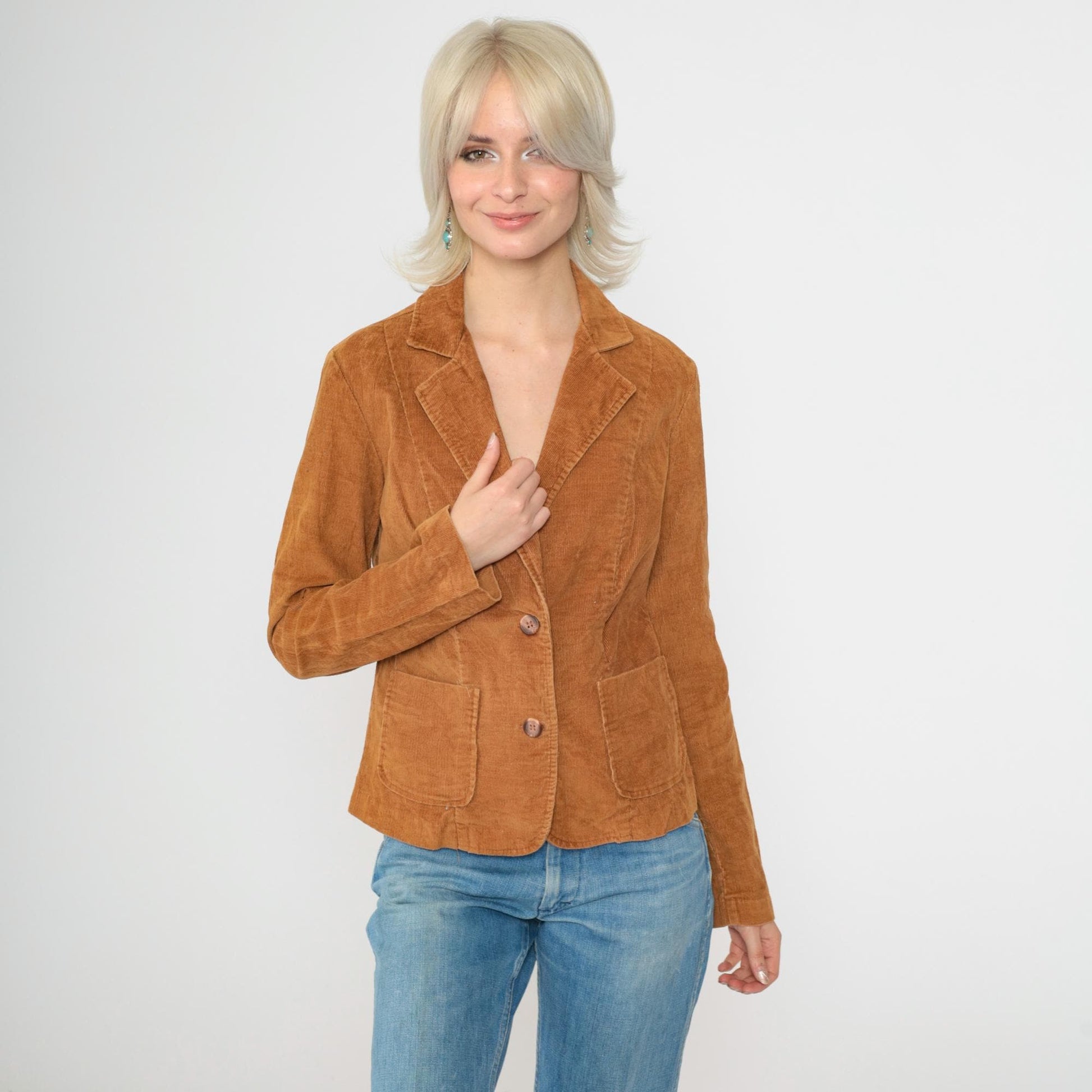 Late 70s Early 80s Brown Corduroy Blazer Notched Lapel Fitted Small S