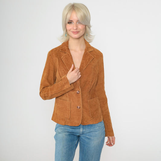 Late 70s Early 80s Brown Corduroy Blazer Notched Lapel Fitted Small S