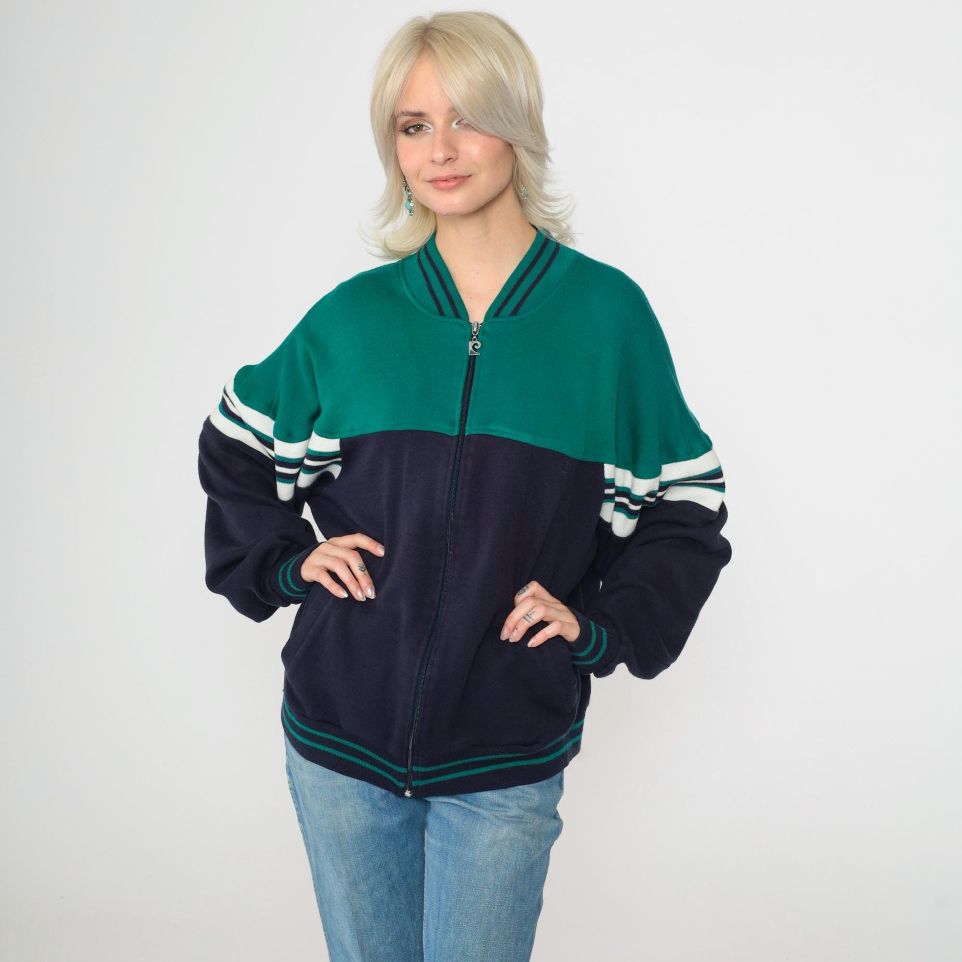 80s Pierre Cardin Track Jacket Green Navy Color Block Striped Large L