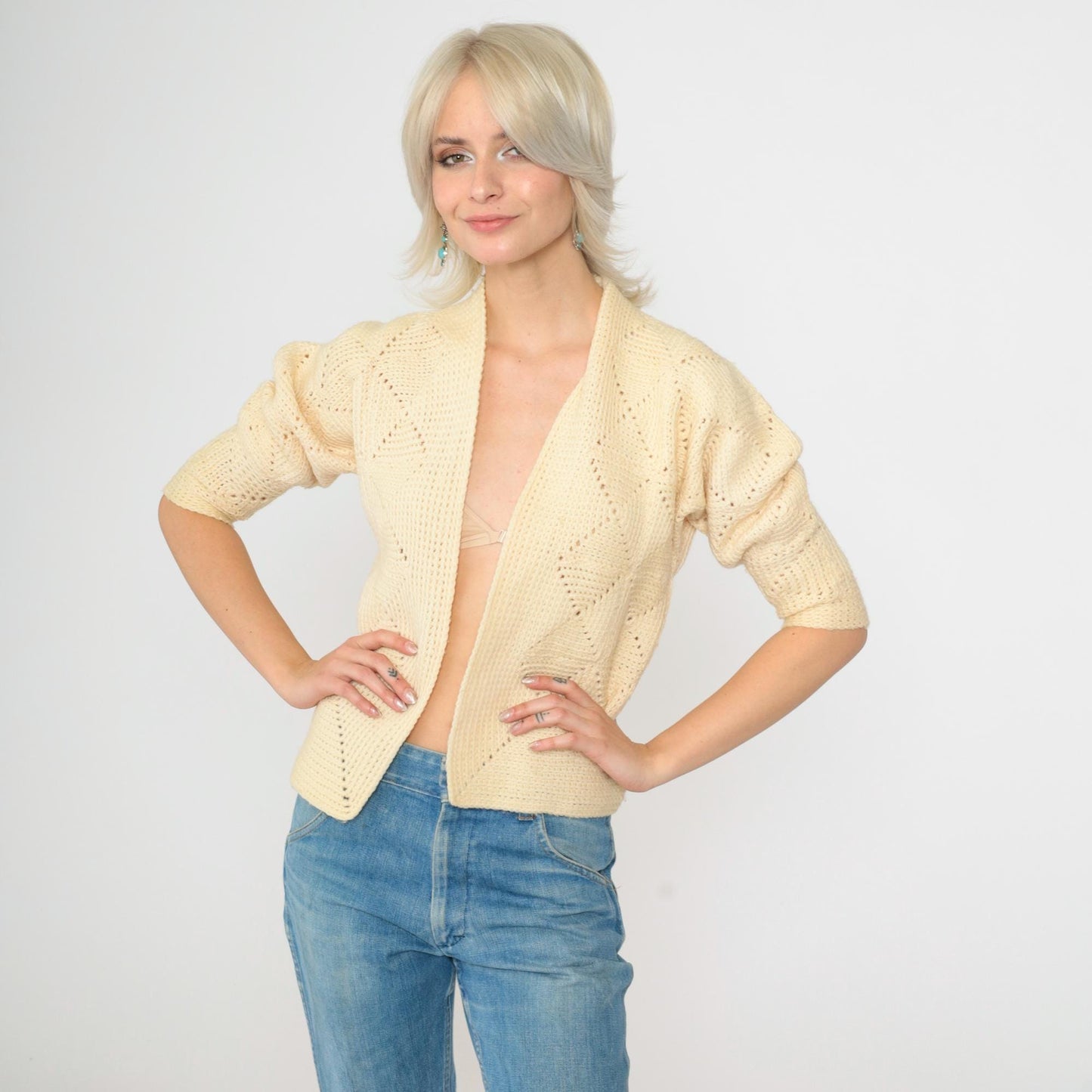 70s Cream Open Knit Cardigan Cropped Dolman Sleeve Geometric Textured Extra Small