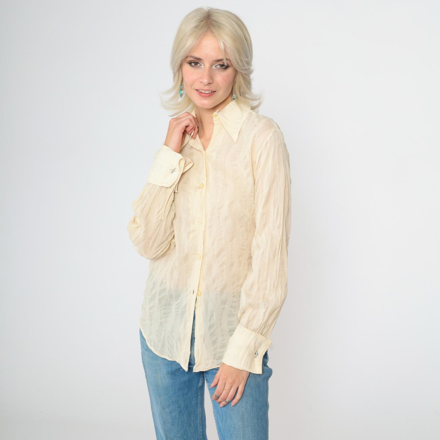 70s Morgan of London Cream Striped Dagger Collar Blouse Long Sleeve Small