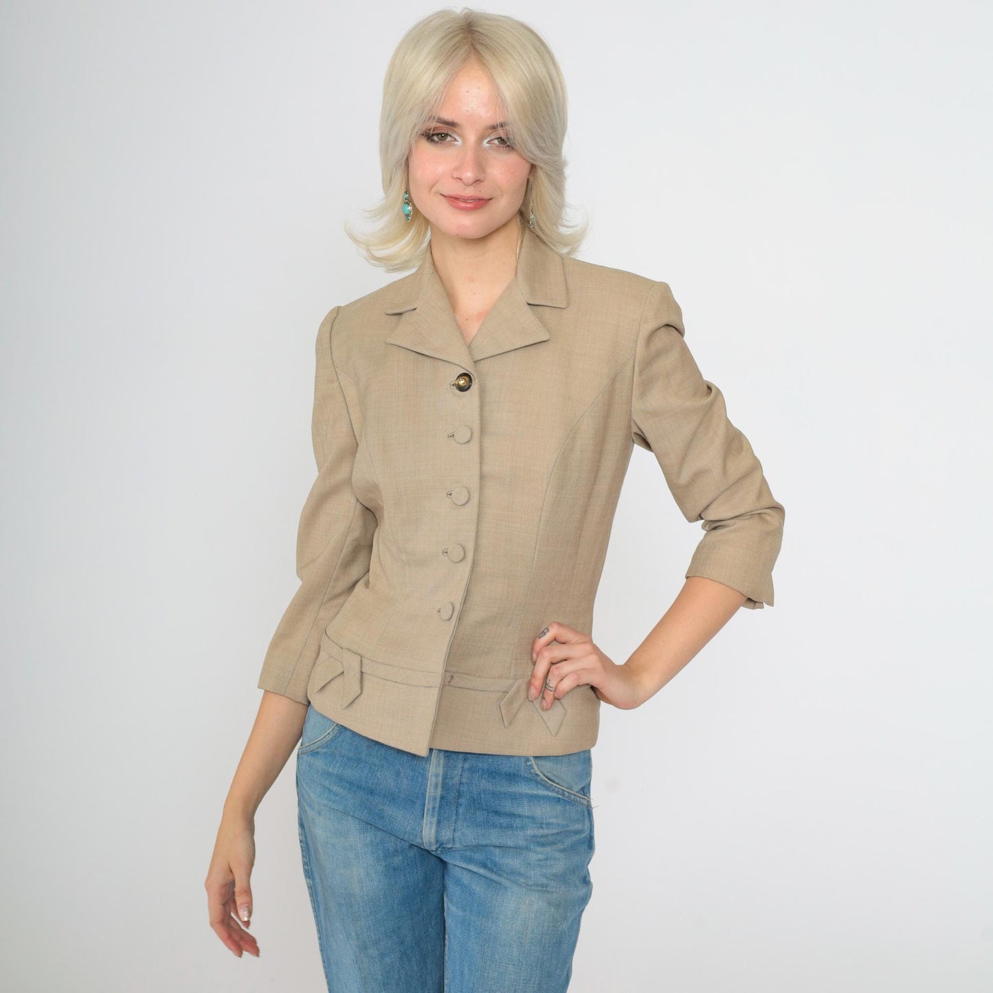 1950s Tan Wool Blend Fitted Blazer Cropped Waist 3/4 Sleeve Button Up Extra Small XS