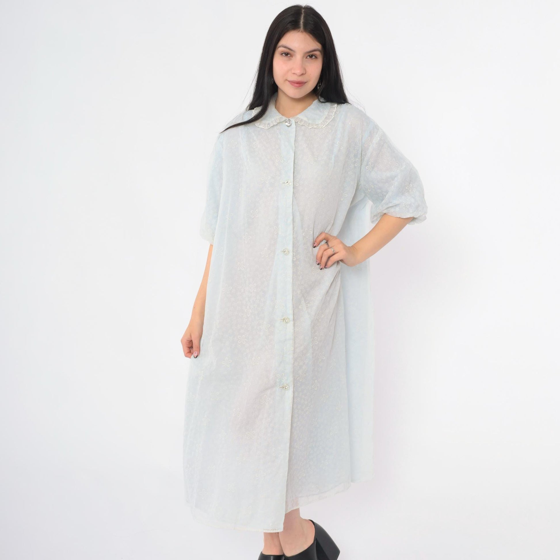 60s Light Blue Chiffon Robe Flocked Floral Peter Pan Collar Peignoir Extra Large