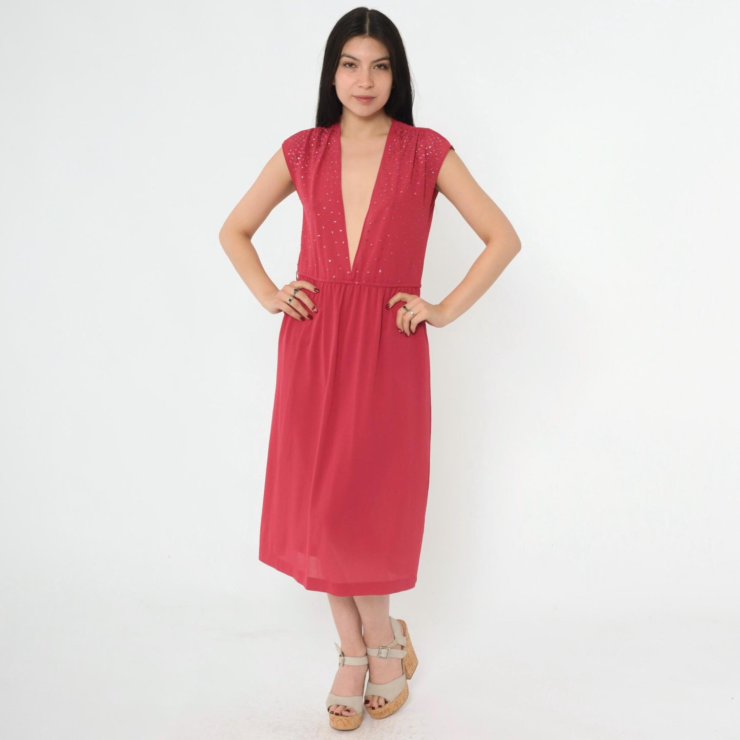 70s Raspberry Glitter Midi Dress Plunge V Neckline Cap Sleeve Small