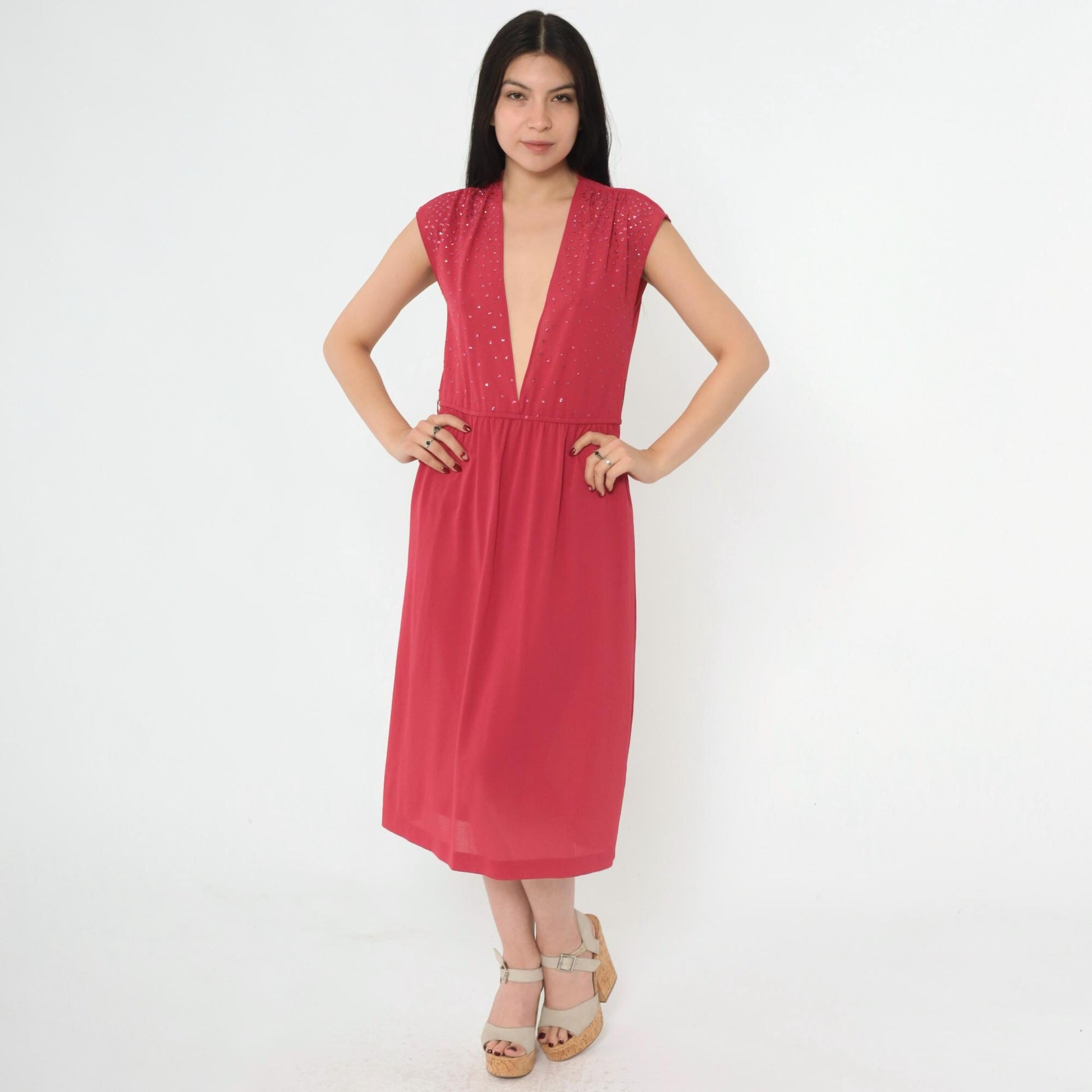 70s Raspberry Glitter Midi Dress Plunge V Neckline Cap Sleeve Small