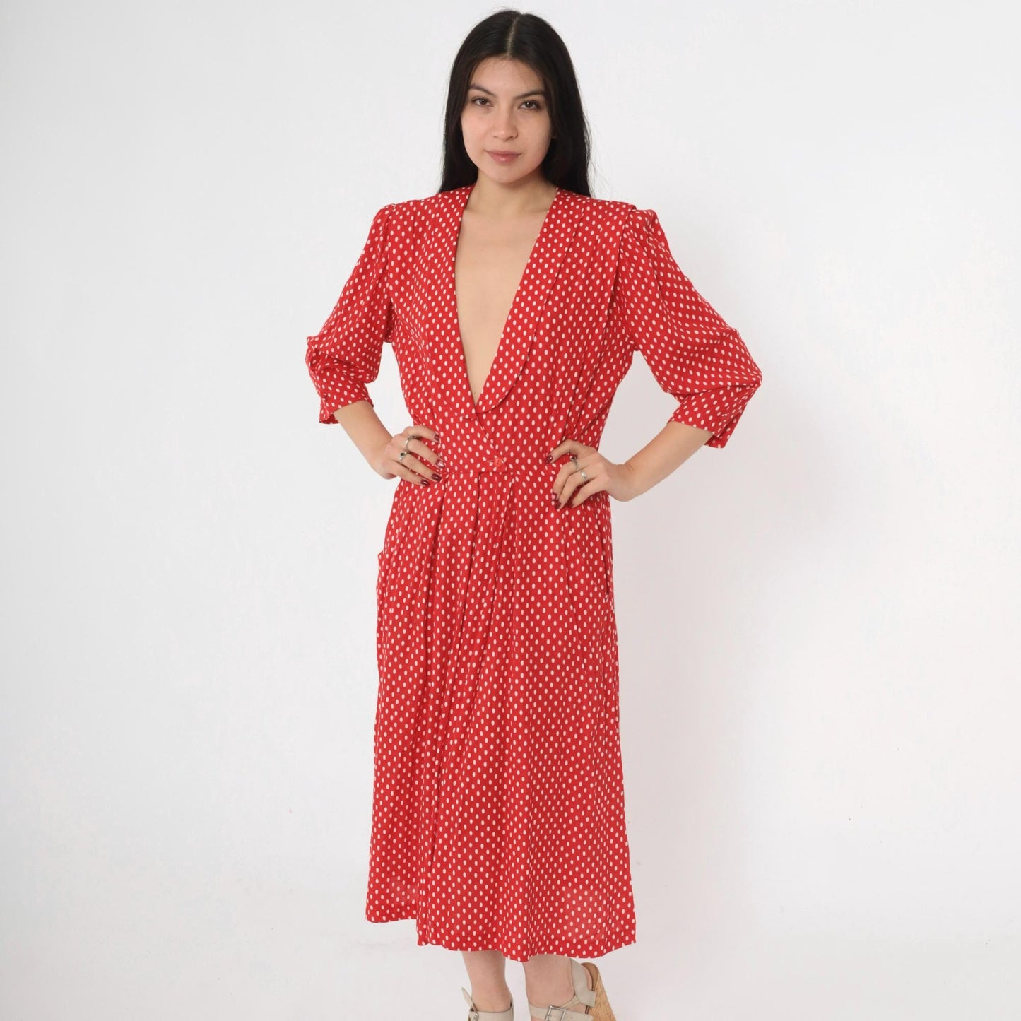 80s Red Polka Dot Midi Dress Deep V Puff Sleeve Pleated Small