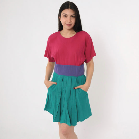 80s Steven Michaels Color Block Mini Dress Fuchsia Teal Purple High Waist Medium