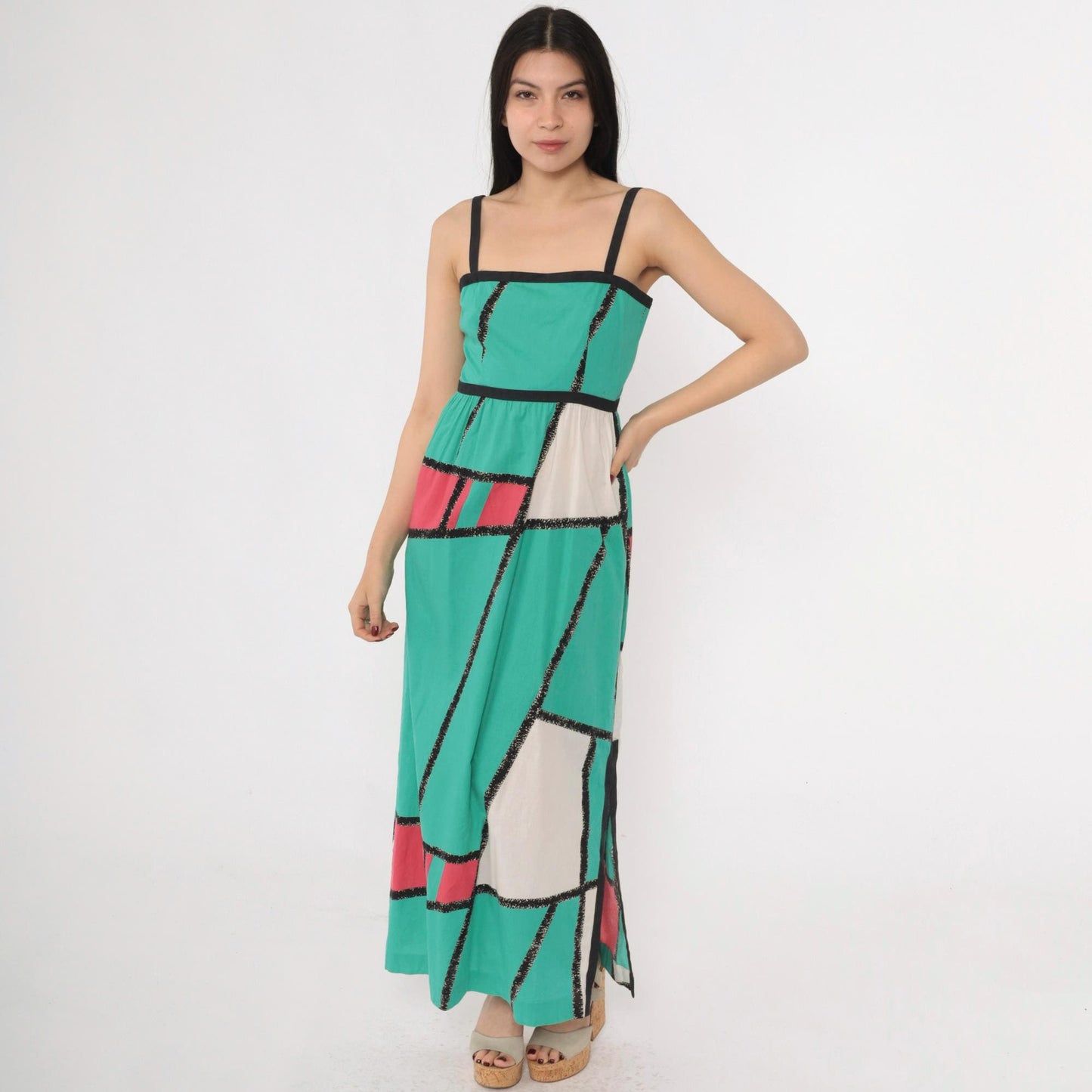 80s Teal Fuchsia Colorblock Maxi Sundress Spaghetti Strap High Waist Extra Small