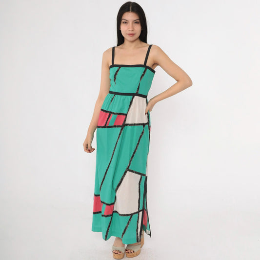 80s Teal Fuchsia Colorblock Maxi Sundress Spaghetti Strap High Waist Extra Small