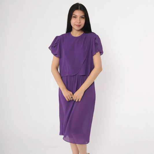 80s Purple Tulip Sleeve Dress Layered Bodice Knee Length Medium M