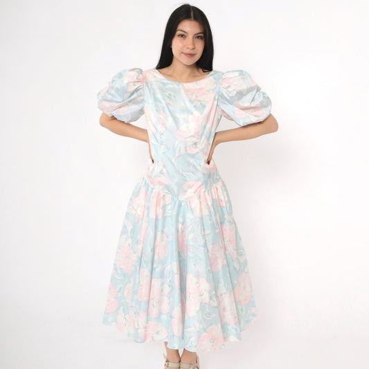 80s Pastel Floral Midi Dress Puff Sleeve Basque Waist Blue Pink Small