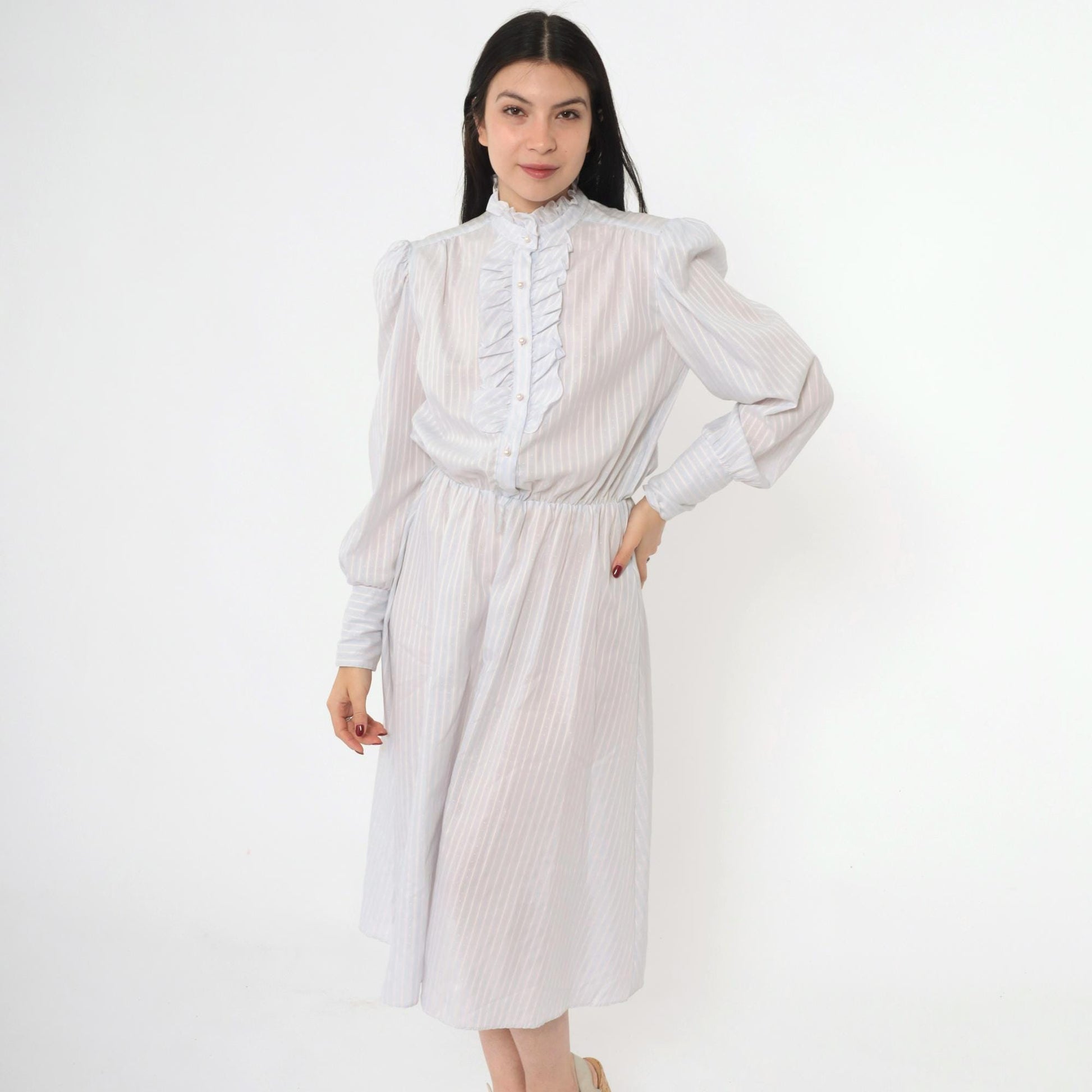 80s Striped Puff Sleeve Midi Dress Grey-Blue Pink White High Waisted Small