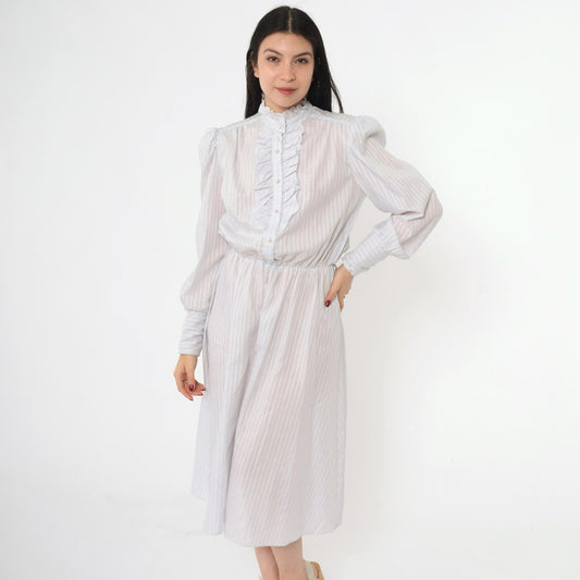 80s Striped Puff Sleeve Midi Dress Grey-Blue Pink White High Waisted Small