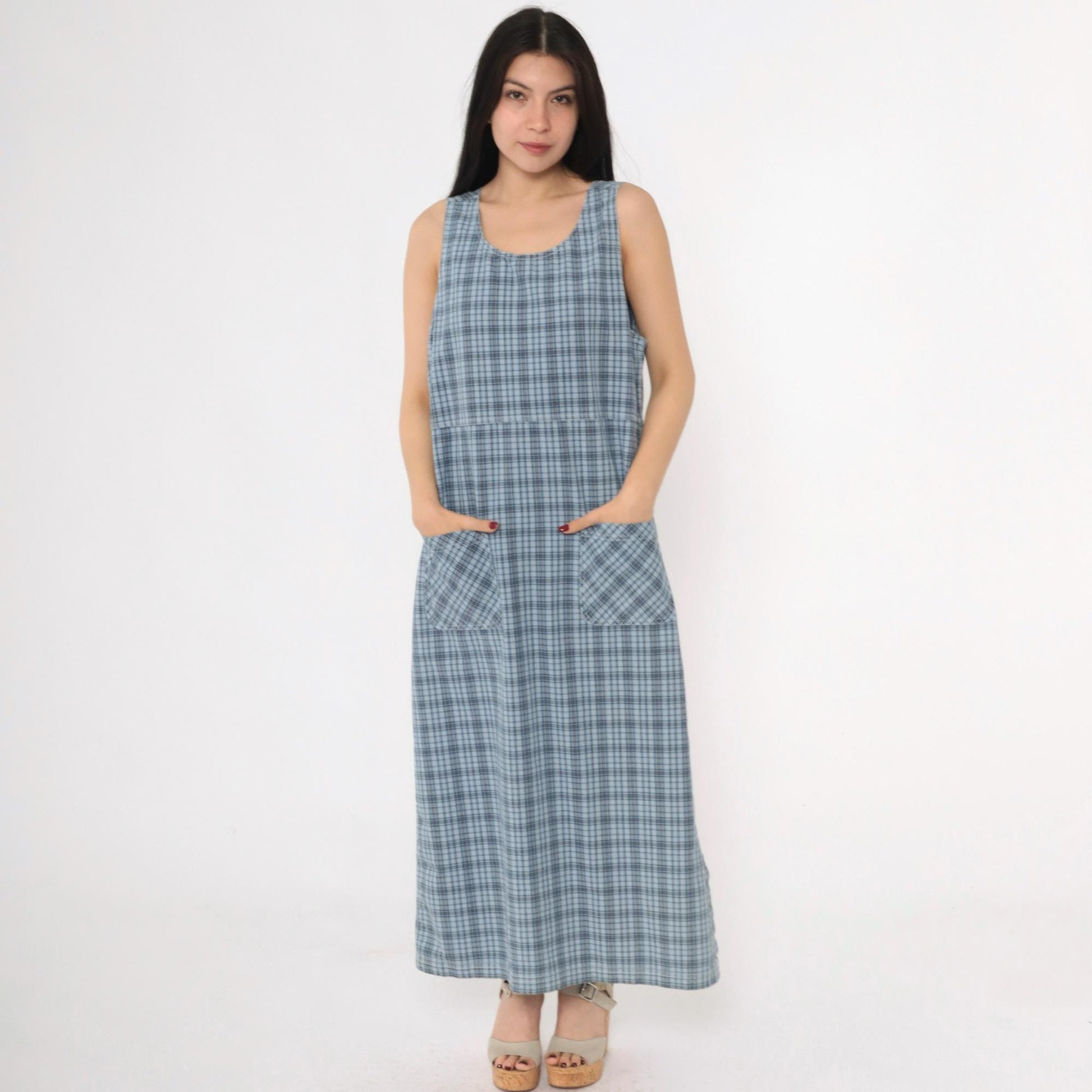 90s Erika & Co Blue Plaid Maxi Jumper Dress Cotton High Waist Medium M