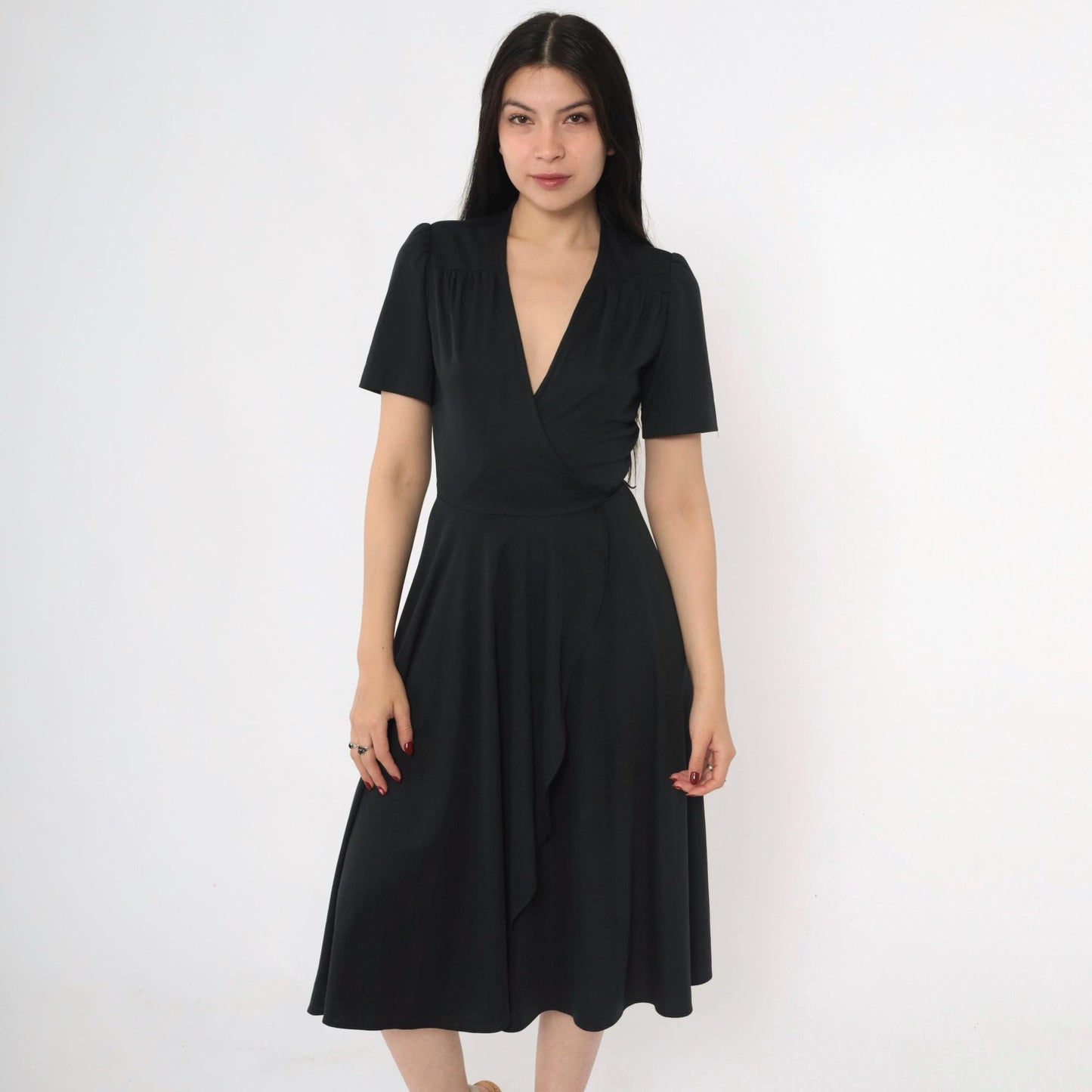 70s Young Edwardian Arpeja Black Wrap Midi Dress Puff Sleeve V Neck Small