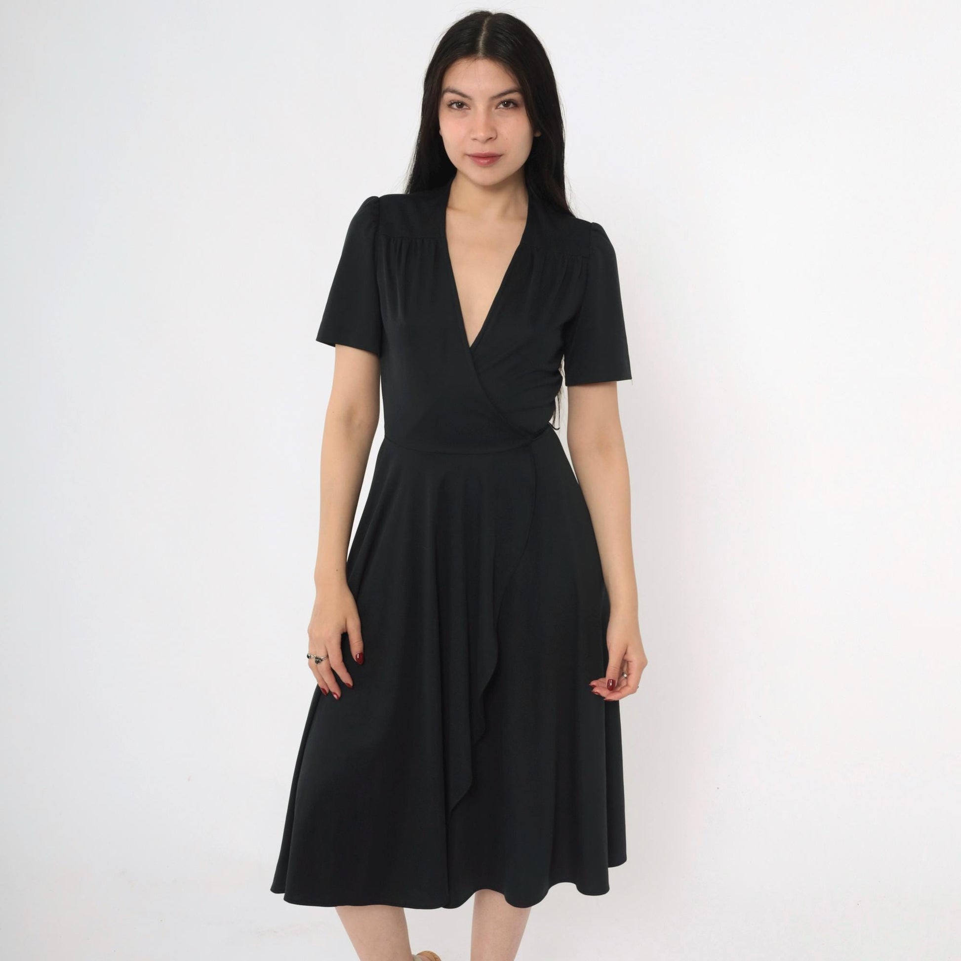 70s Young Edwardian Arpeja Black Wrap Midi Dress Puff Sleeve V Neck Small