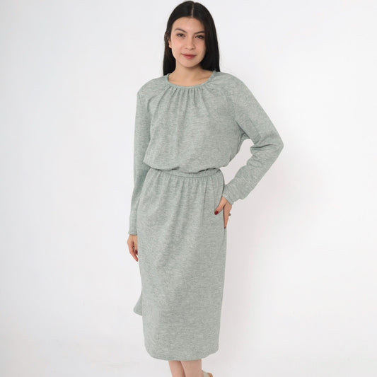 80s Heather Green Wool Blend Midi Dress High Waist Long Sleeve Belt Extra Large
