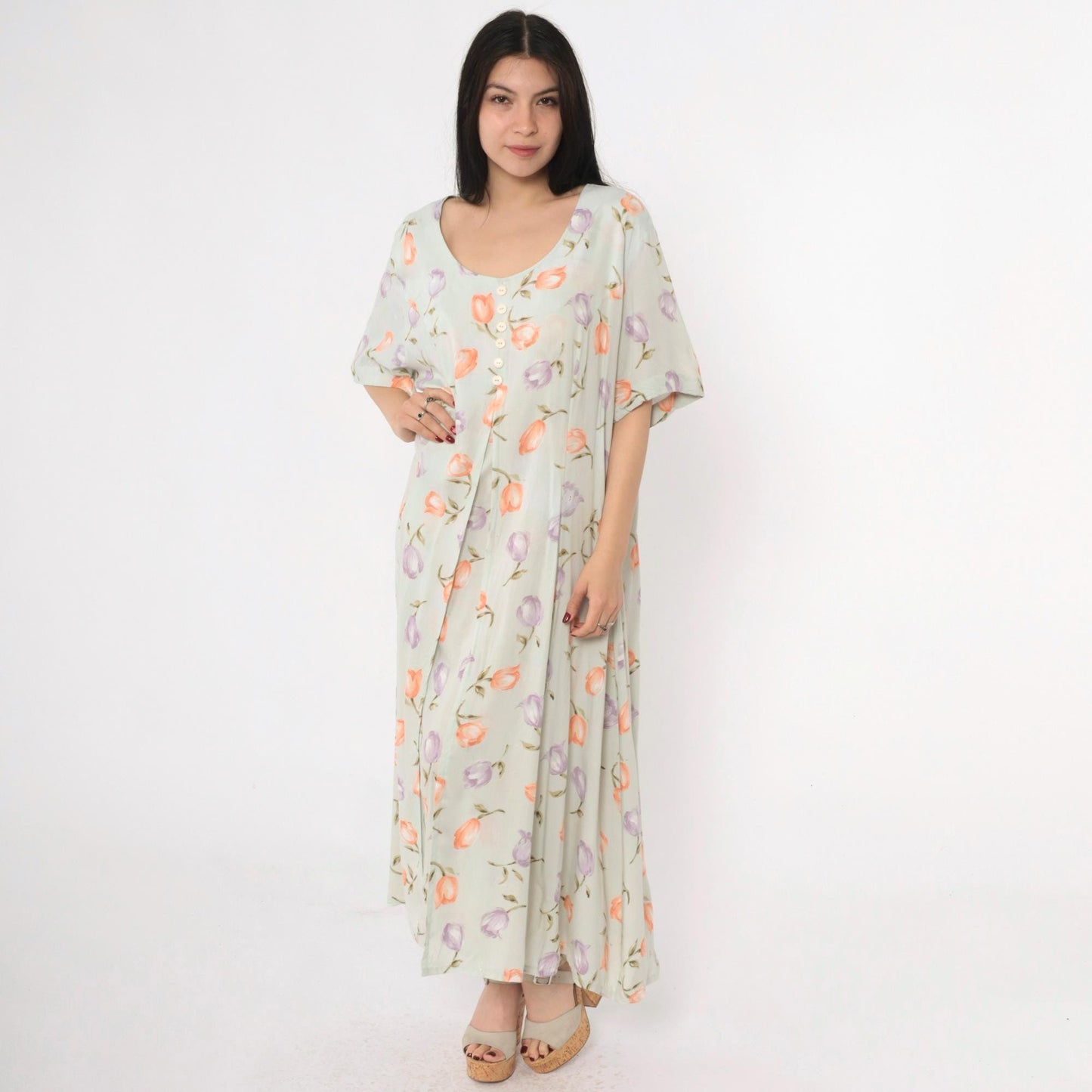 90s Jamie Brooke Floral Maxi Dress Green Button-Up Scoop Neck Short Sleeve XXL
