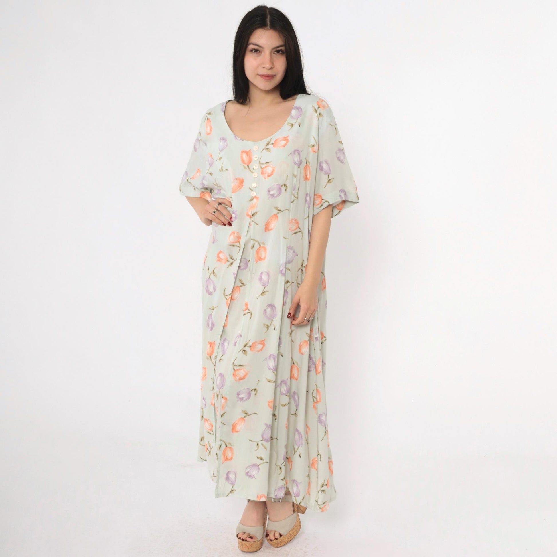 90s Jamie Brooke Floral Maxi Dress Green Button-Up Scoop Neck Short Sleeve XXL