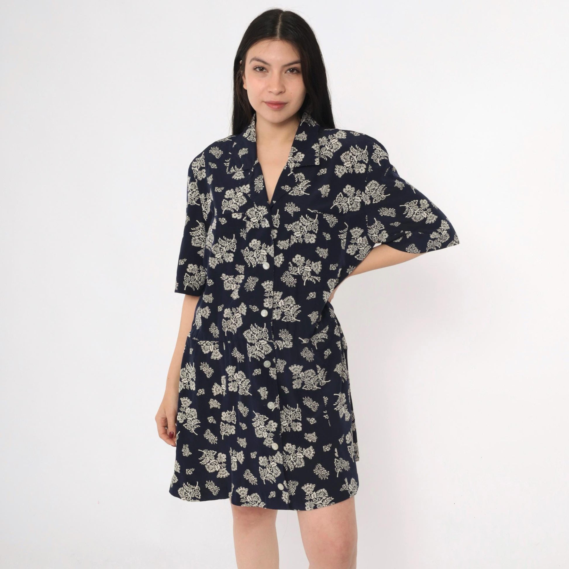 80s Liz Claiborne Navy Floral Midi Dress Drop Waist Button Front Extra Large