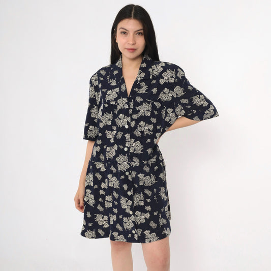 80s Liz Claiborne Navy Floral Midi Dress Drop Waist Button Front Extra Large