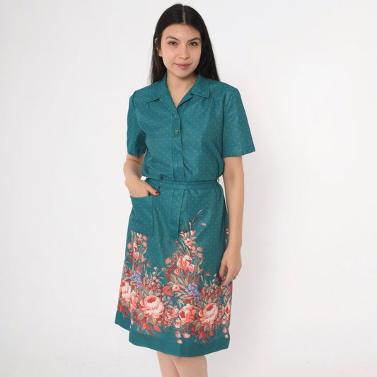 70s Nancy Frock Floral Polka Dot Shift Dress Teal Midi Collared Medium