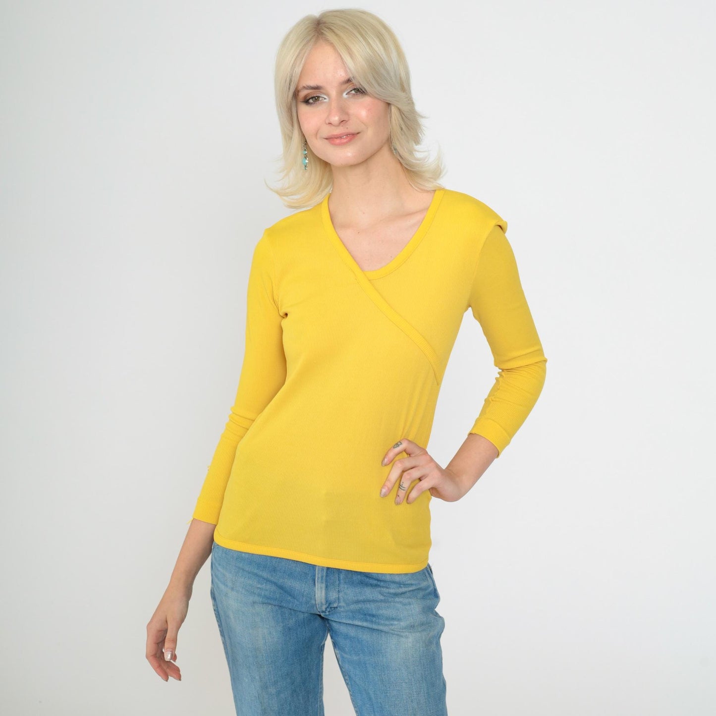 70s Yellow Ribbed Nylon Blouse Asymmetrical Faux Wrap V-Neck Long Sleeve XS