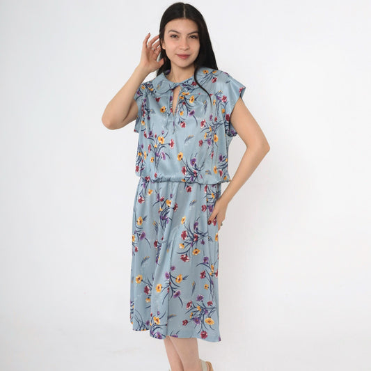 70s Blue Floral Midi Dress High Waist Peter Pan Collar Keyhole Cap Sleeve Extra Large