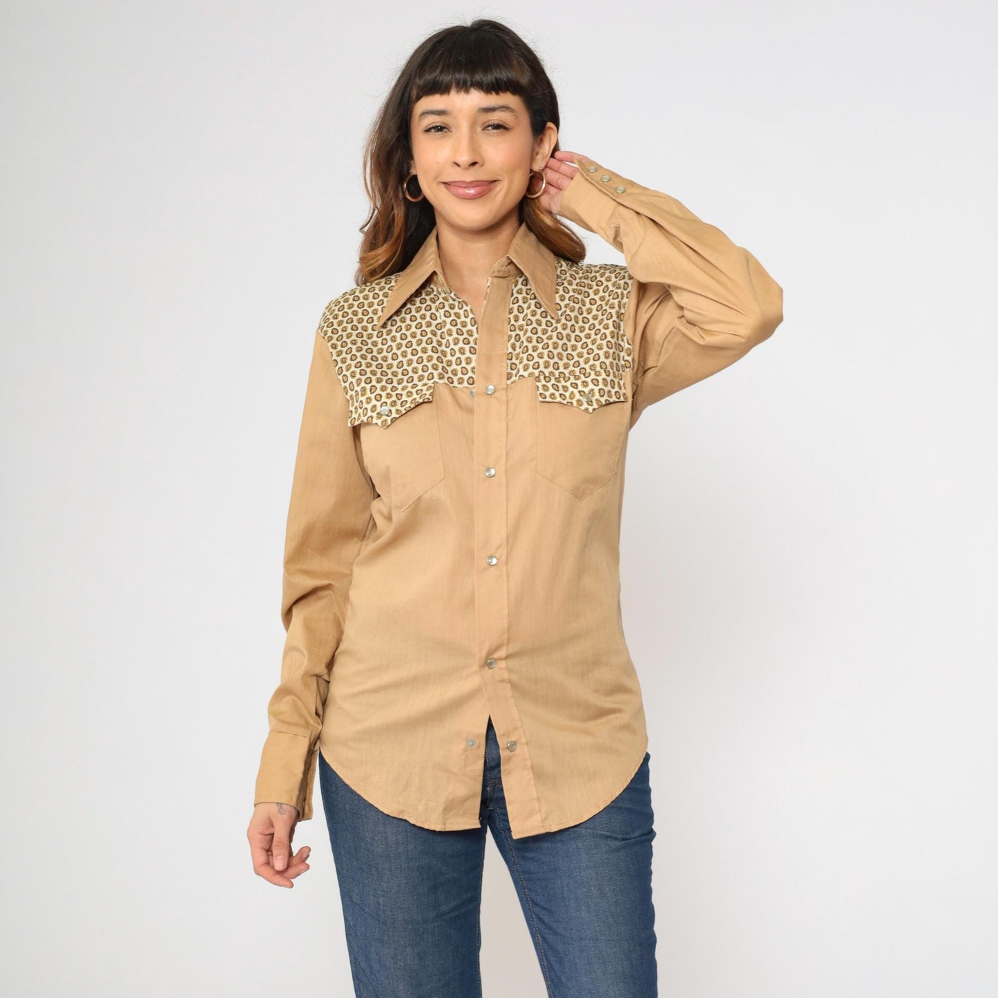 70s Paisley Yoke Western Pearl Snap Shirt Tan Men's Small